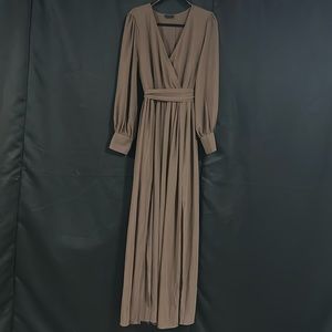 Women’s Brown Maxi Dress with Slit and Long Sleeves